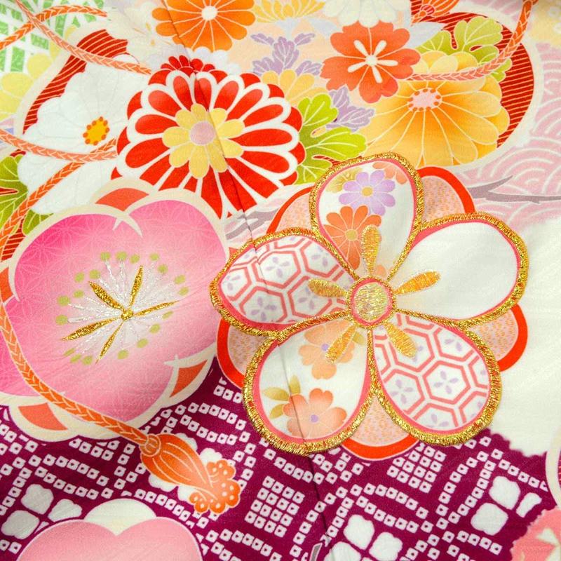 アンティーククリーム色に梅の花の着物と作り帯☆七五三フルセット アンティーククリーム色に梅の花の着物と作り帯☆七五三フルセット