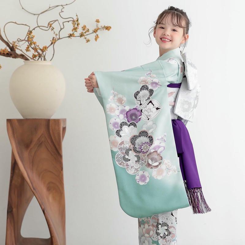 七五三 7歳着物 レンタル フルセット 水色 梅に桜 女の子 七歳 753