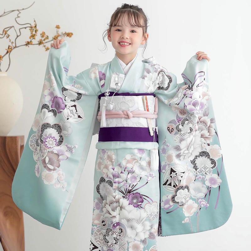 七五三 7歳着物 レンタル フルセット 水色 梅に桜 女の子 七歳 753