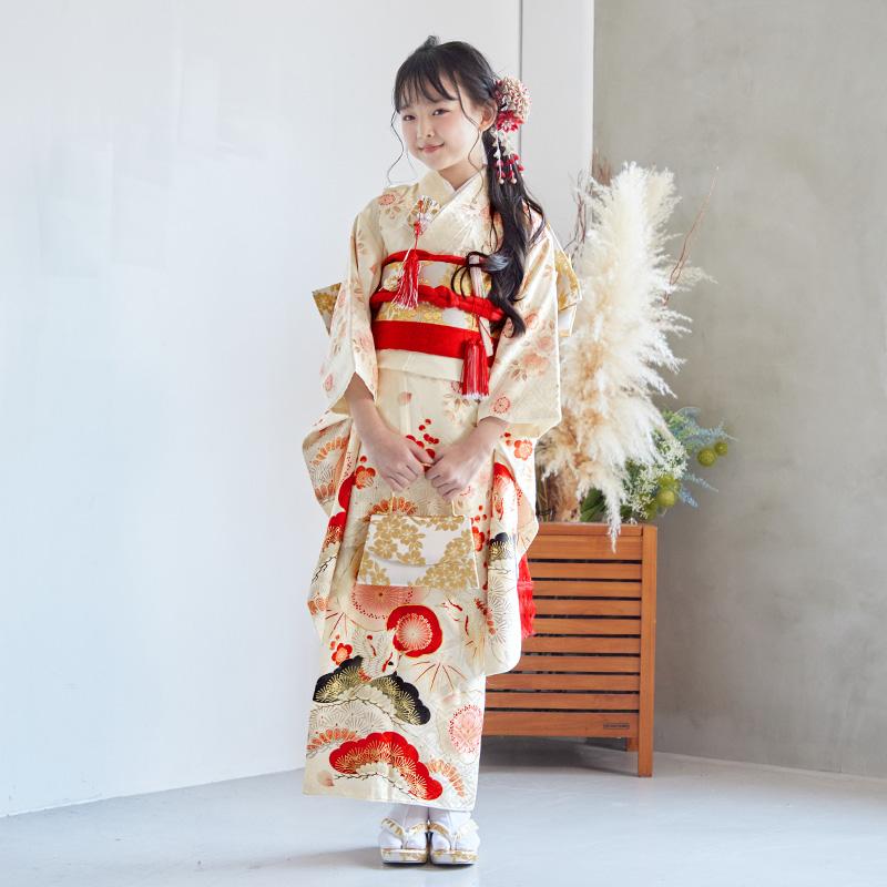七五三 7歳着物 レンタル フルセット 紅一点 ブランド着物  安い 訳あり特価 オフホワイト 松竹梅に鶴(N109) 女の子 七歳 753 四つ身N259_1