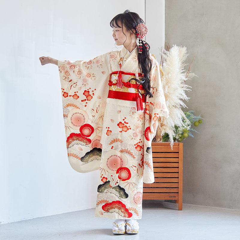 七五三 7歳着物 レンタル フルセット 紅一点 ブランド着物  安い 訳あり特価 オフホワイト 松竹梅に鶴(N109) 女の子 七歳 753 四つ身N259_2