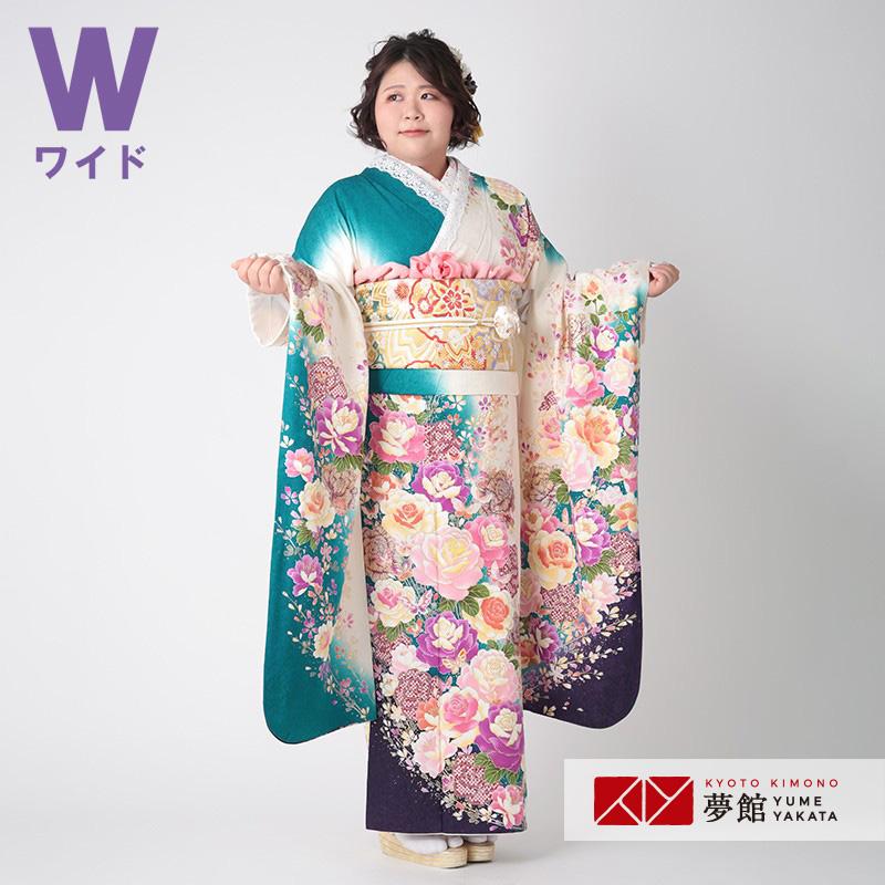 白×ピンク 正絹 蝶 薔薇 振袖 身丈161 振袖レンタル 白×グリーン 薔薇と