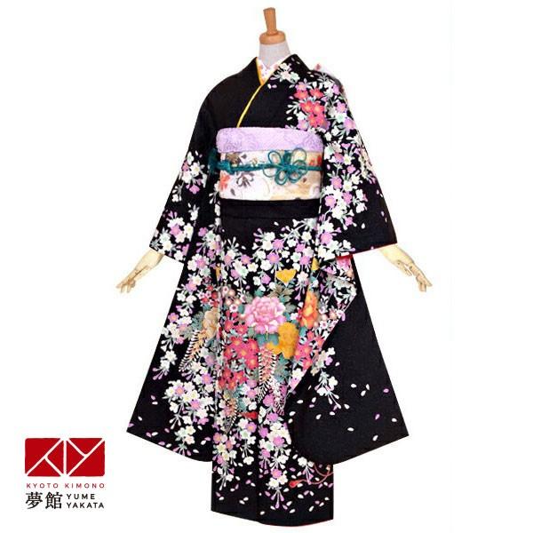 振袖レンタル 黒 枝垂桜に牡丹(絹) 成人式 結婚式 対応身長147〜154cm 2〜11月利用 R1008