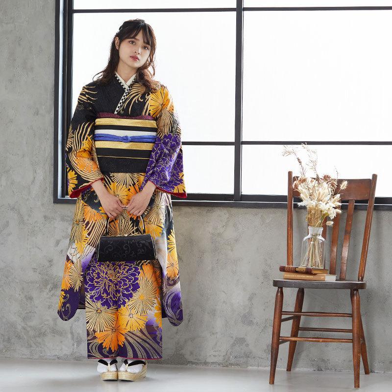 MURUA（ムルーア） 振袖レンタル 黒 牡丹に菊花(絹) 成人式 結婚式