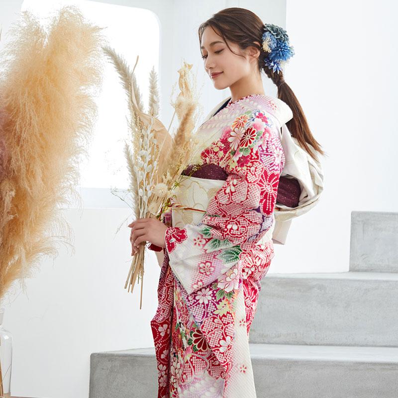 振袖レンタル  白 疋田牡丹に花車(絹) 成人式 結婚式 対応身長154〜165cm 2〜11月利用 R1094の画像