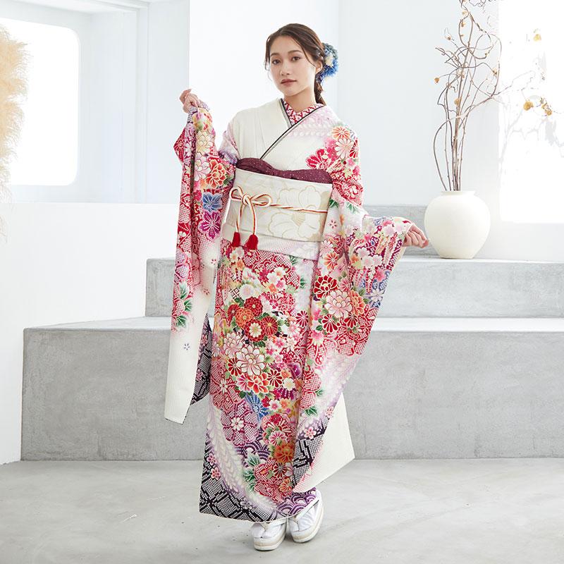 振袖レンタル  白 疋田牡丹に花車(絹) 成人式 結婚式 対応身長154〜165cm 2〜11月利用 R1094の画像