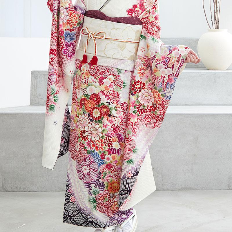 振袖レンタル  白 疋田牡丹に花車(絹) 成人式 結婚式 対応身長154〜165cm 2〜11月利用 R1094の画像