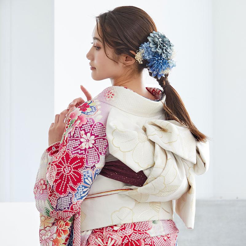 振袖レンタル  白 疋田牡丹に花車(絹) 成人式 結婚式 対応身長154〜165cm 2〜11月利用 R1094の画像