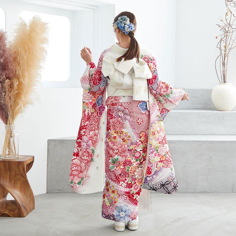 振袖レンタル  白 疋田牡丹に花車(絹) 成人式 結婚式 対応身長154〜165cm 2〜11月利用 R1094の画像