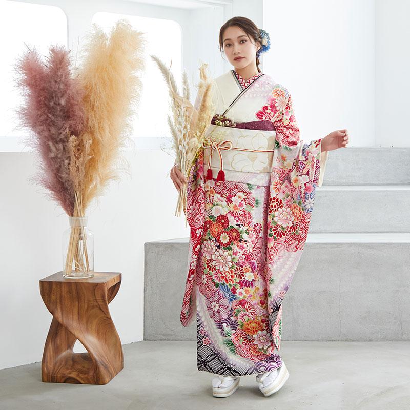 振袖レンタル  白 疋田牡丹に花車(絹) 成人式 結婚式 対応身長154〜165cm 2〜11月利用 R1094の画像