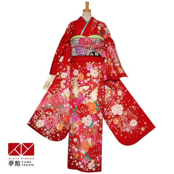 二部式振袖　赤　蝶 牡丹 振袖レンタル 赤 百合牡丹に蝶(絹) 成人式 結婚式 一点物 対応身長154