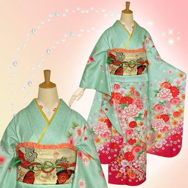 SALE 振袖レンタル ミントグリーン 桜牡丹に毬(絹)(宅) 成人式