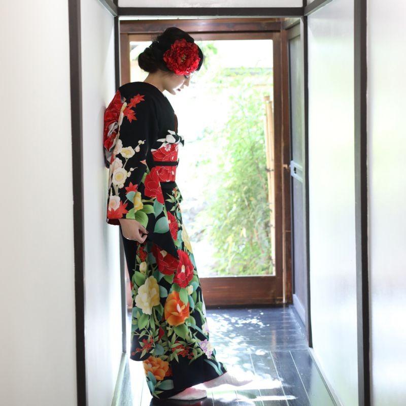 きもの道楽 SALE 振袖レンタル 黒 椿に白うさぎ 成人式 結婚式