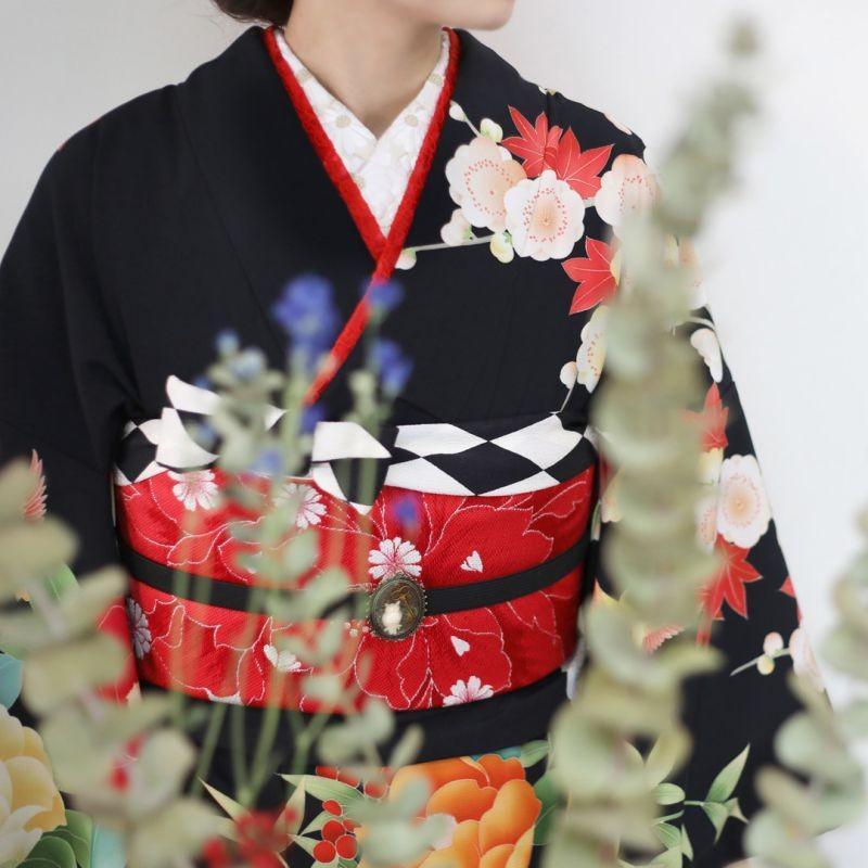 きもの道楽 振袖レンタル 黒 椿に白うさぎ 成人式 結婚式 対応身長154