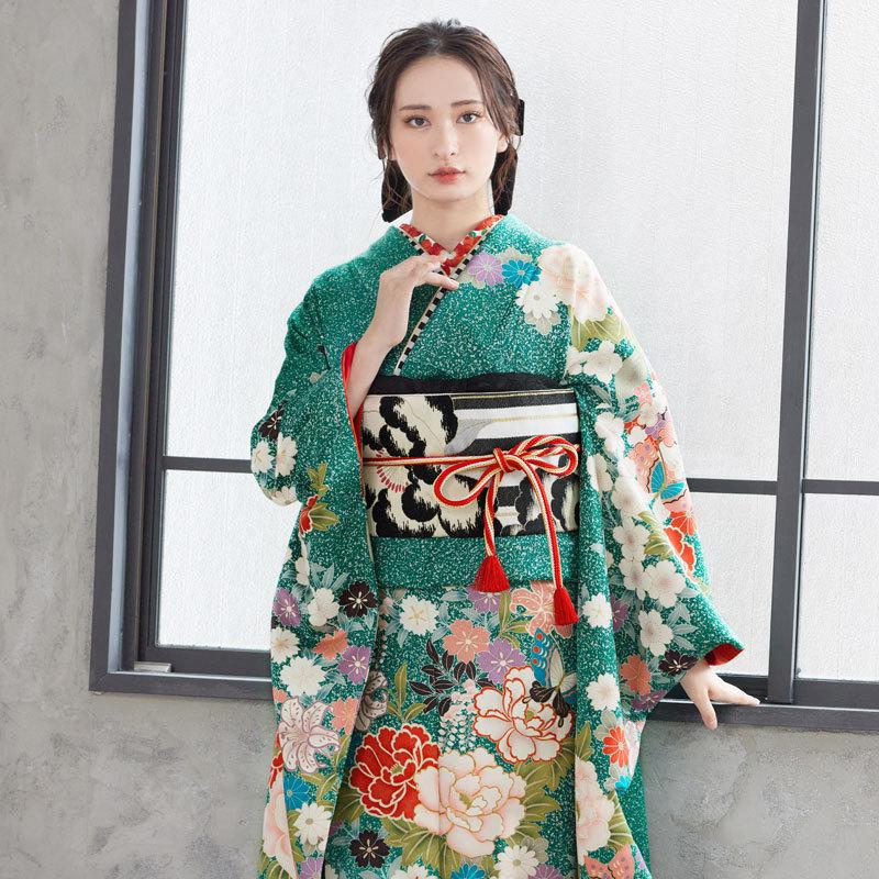 振袖レンタル 緑 四季の花に蝶(絹) 成人式 結婚式 一点物 対応
