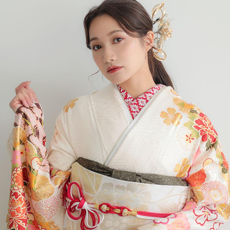 振袖レンタル  白 雲取牡丹に貝桶(絹) 成人式 結婚式 一点物 対応身長154〜165cm 2〜11月利用 R1181の画像