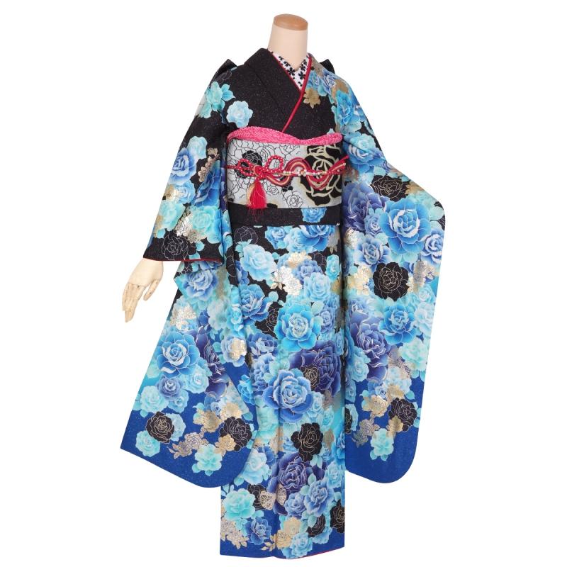 振袖 身長155-170cm 黒×青　大きな薔薇　正絹 振袖レンタル 黒青 薔薇(絹)(宅) 成人式 結婚式 一点物 対応身長154