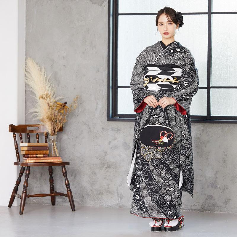 振袖レンタル 黒 絞り 熨斗に牡丹(絹)(宅) 成人式 結婚式 モデル着用