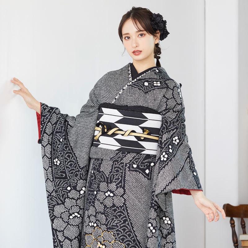振袖レンタル 黒 絞り 熨斗に牡丹(絹)(宅) 成人式 結婚式 モデル着用
