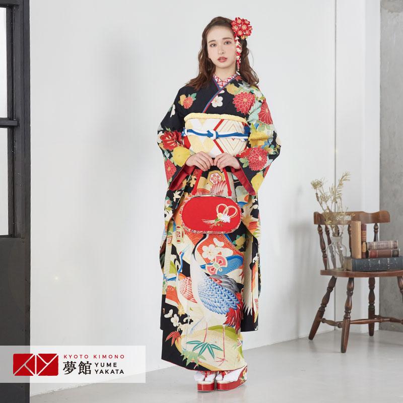 振袖レンタル ジャパンスタイル 黒 波鶴に宝文 成人式 結婚式 対応身長154〜165cm 2〜11月利用 R1198