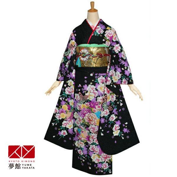 振袖レンタル 黒 桜花丸紋に蝶(絹） 成人式 結婚式 一点物 対応身長154〜165cm 2〜11月利用 R1220