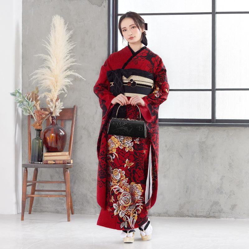 振袖レンタル 赤 薔薇に蝶(絹)(R1230) 成人式 結婚式 一点物 対応身長 