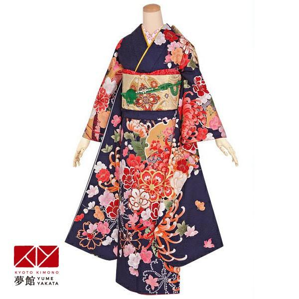 花嫁振袖　紺色大振袖 花柄振袖 紺色 菊と桜 正絹振袖　花嫁衣装 振袖レンタル 紺 雪輪桜に菊花(絹)(R1822) 成人式 結婚式 対応身長154