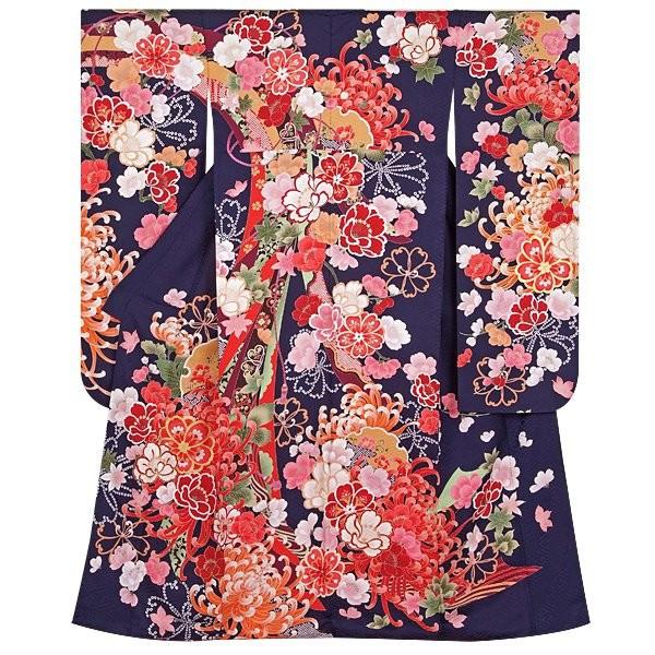 振袖レンタル 紺 雪輪桜に菊花(絹)(R1822) 成人式 結婚式 対応身長154