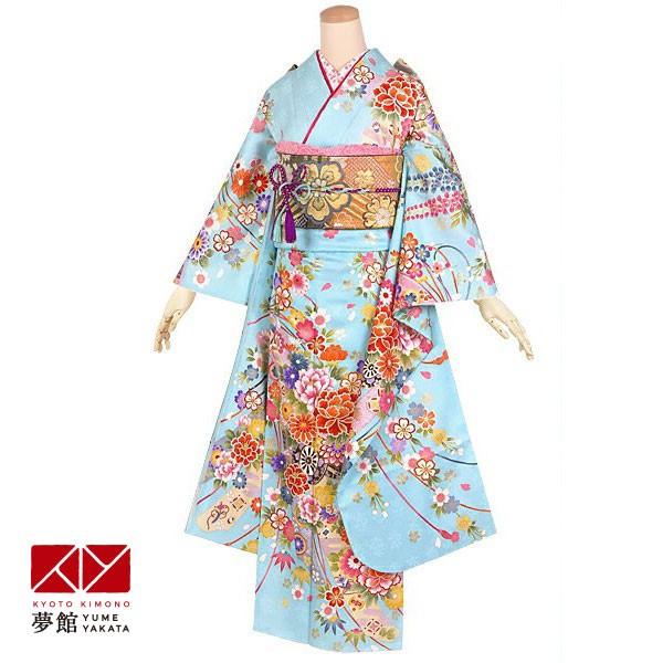 振袖レンタル 水色 熨斗に花車(絹) 成人式 結婚式 対応身長154〜165cm 2〜11月利用 R1291