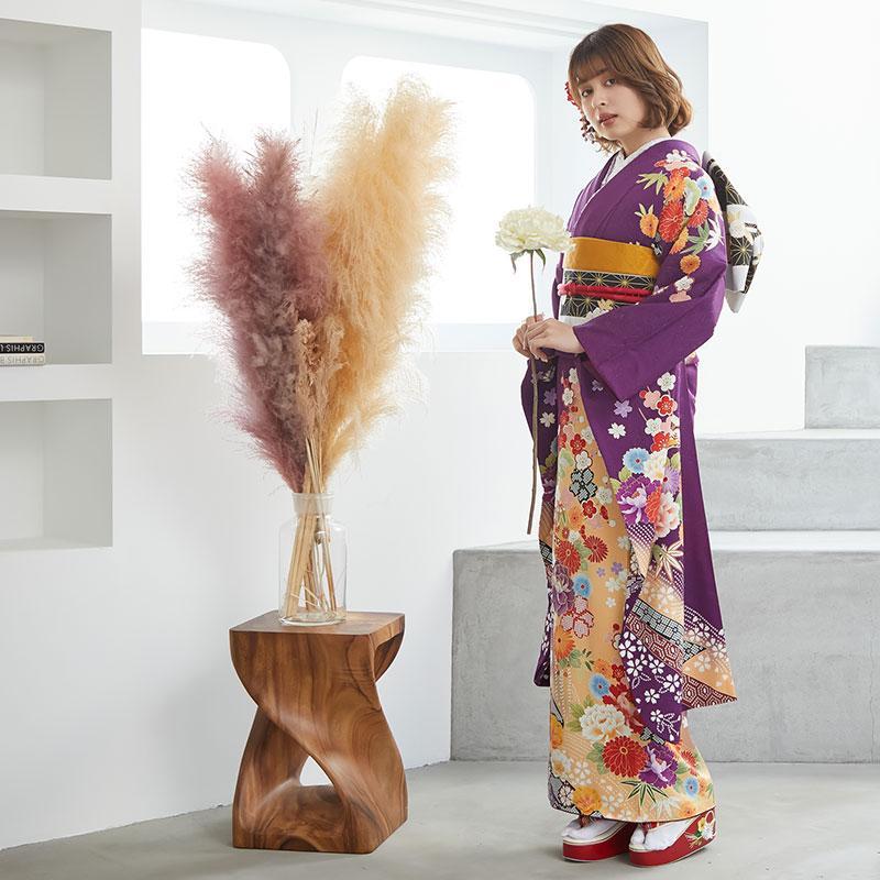振袖レンタル 紫 牡丹と松竹梅(絹) 成人式 結婚式 一点物 対応身長154