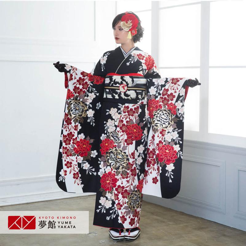 黒引振り　桜 牡丹 金彩 礼装用 振袖レンタル 黒 豪華金彩 牡丹桜(絹) 成人式 結婚式 モデル着用小物