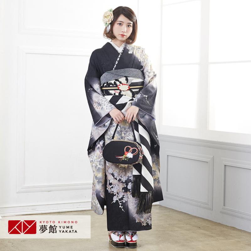 振袖レンタル  黒 墨絵調 牡丹に槍梅(絹)(宅) 成人式 結婚式 モデル着用小物セット 対応身長154〜165cm 2〜11月利用 R1382