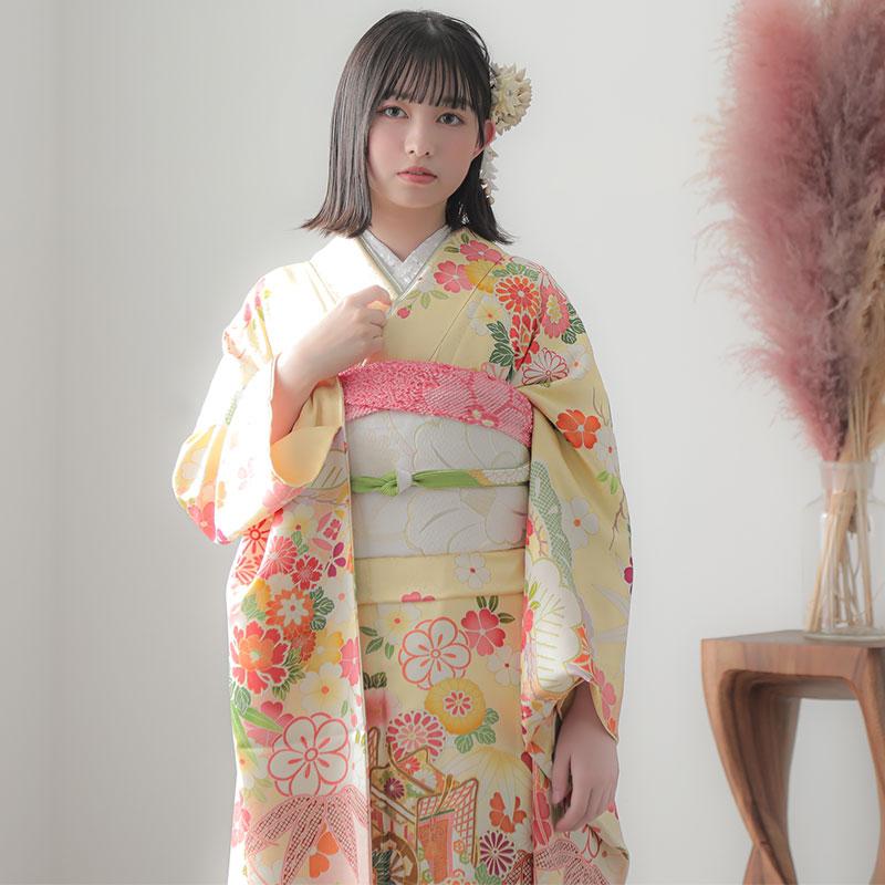 振袖レンタル  黄 松牡丹に御所車(絹) 成人式 結婚式 一点物 対応身長160〜164cm 2〜11月利用 R1423の画像