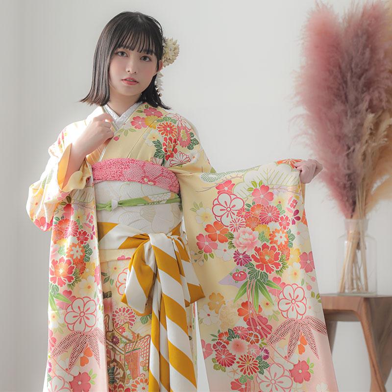 振袖レンタル  黄 松牡丹に御所車(絹) 成人式 結婚式 一点物 対応身長160〜164cm 2〜11月利用 R1423の画像