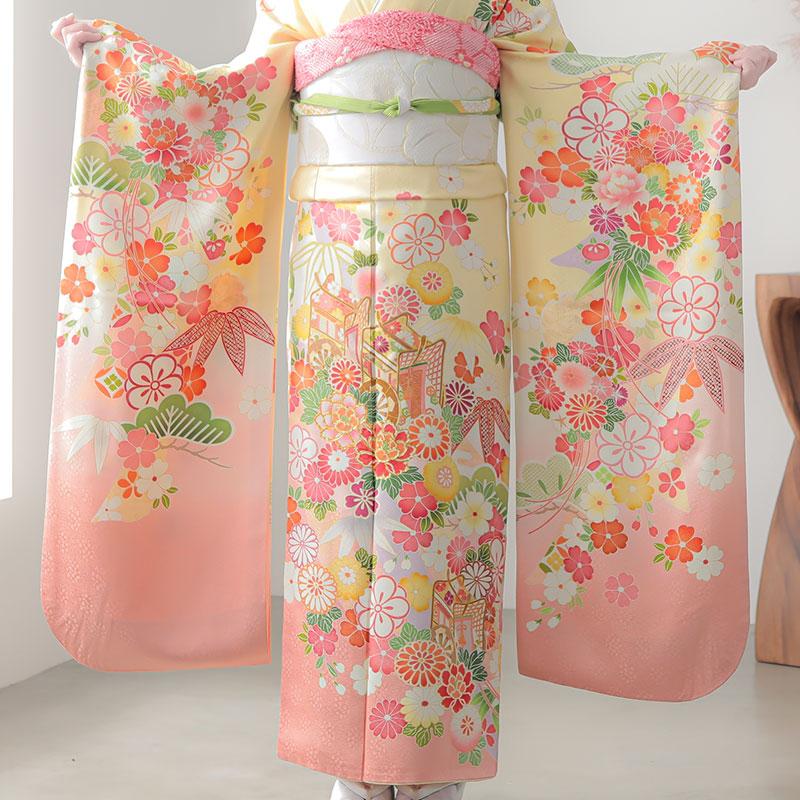振袖レンタル  黄 松牡丹に御所車(絹) 成人式 結婚式 一点物 対応身長160〜164cm 2〜11月利用 R1423の画像