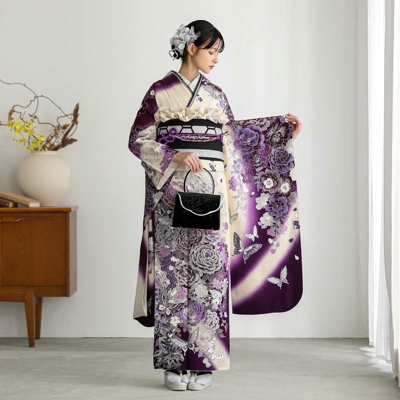 振袖レンタル 白紫 輝く牡丹に蝶(絹) 成人式 結婚式 一点物 対応身長