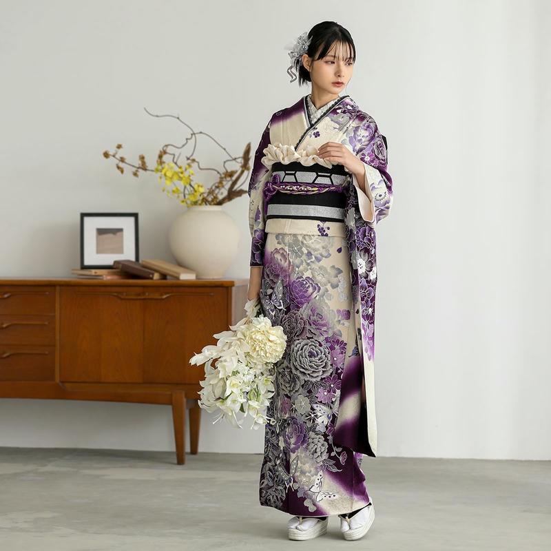 振袖レンタル 白紫 輝く牡丹に蝶(絹) 成人式 結婚式 一点物 対応身長