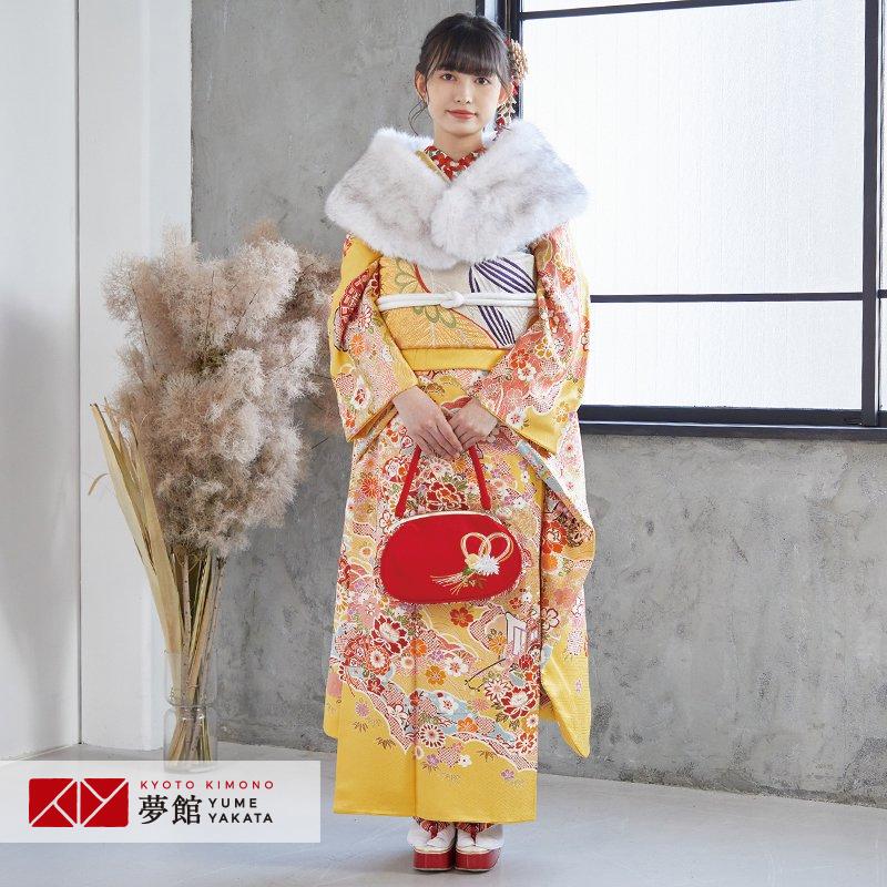 ブランド登録なし - 振袖賃借  黄 長閑やかさ王朝 花草名文文(絹) 成年者式 御芽出度 相応う身の長155〜159珊 2〜11月利用 R1479 レンタル、各種サービス-レディースファッション-着物、浴衣