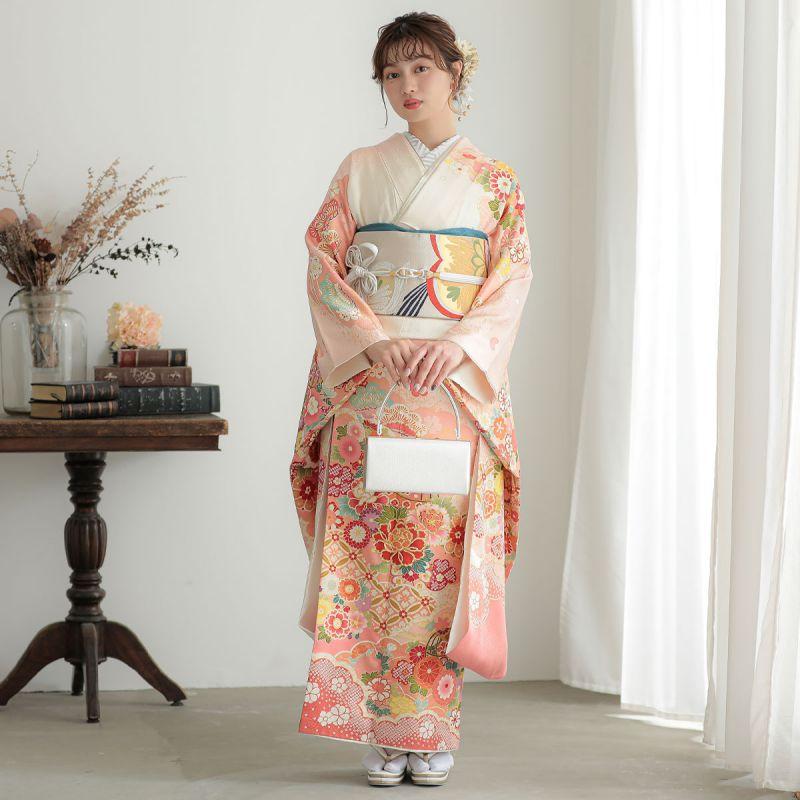 振袖レンタル 白×ピンク 雲取 花と鞠 宝尽くし(絹) 成人式 結婚式 一点