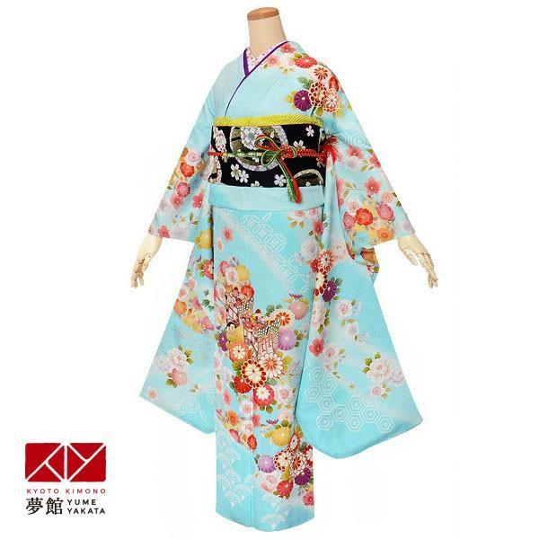 やかな 振袖レンタル 水色 御所車花(F)(絹) 成人式 結婚式 一点物