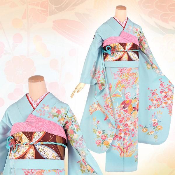 振袖レンタル 訳あり特価 安い水色 加賀友禅 鴛鴦草花(絹) 成人式 結婚