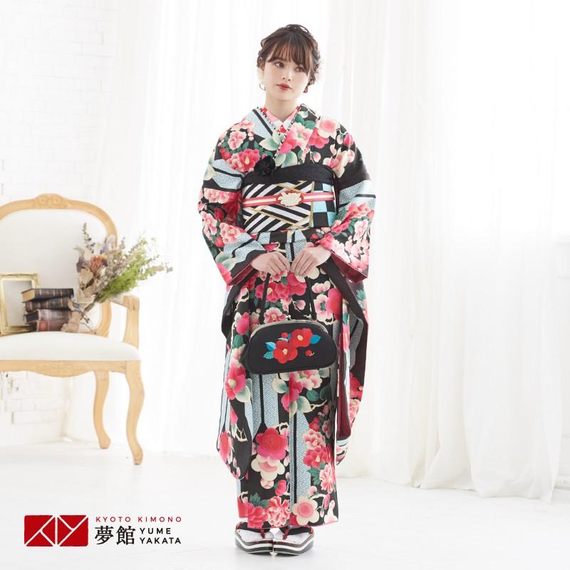 振袖レンタル キスミス 黒茶 水色 矢羽根に花の丸 成人式 結婚式 安い 対応身長154 165cm 2 11月利用 R1607 R1607 京都着物レンタル夢館 Yahoo 店 通販 Yahoo ショッピング