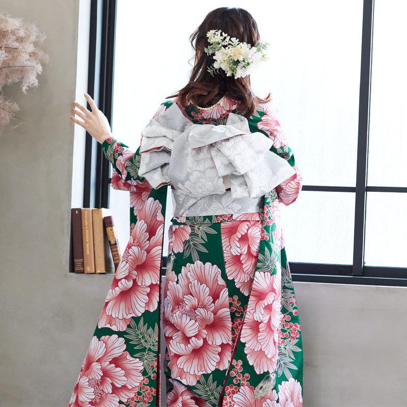 振袖レンタル 緑色 牡丹に鳥 成人式 結婚式 対応身長154〜165cm 2〜11