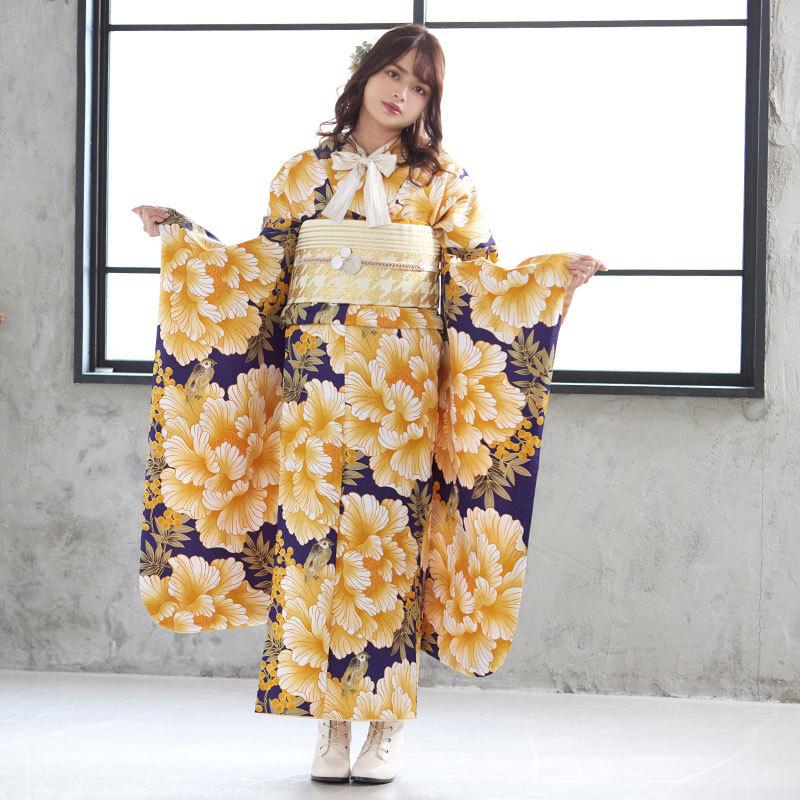 振袖レンタル 紺 牡丹に鳥 成人式 結婚式 対応身長154〜165cm 2〜11月