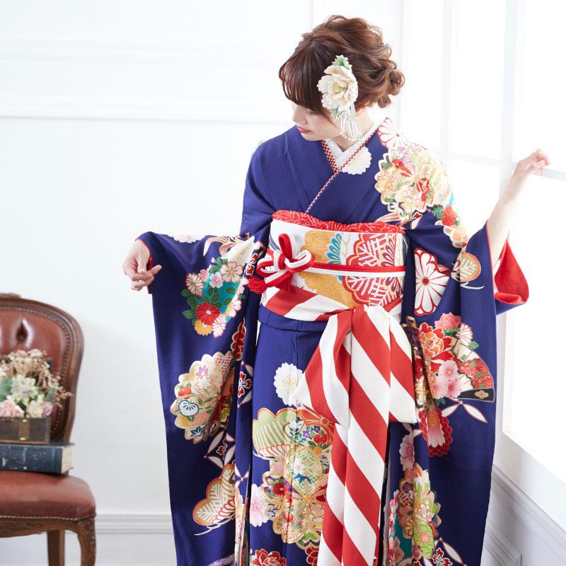 【即決価格】紺地に桜模様♡振袖フルセット　成人式前撮り 紺地に桜模様♡振袖フルセット 成人式前撮り 長襦袢ご希望の