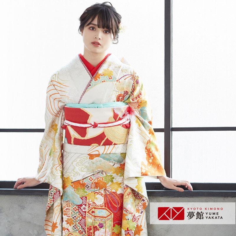 振袖レンタル  白 紅葉 波に貝桶(絹)(宅) 成人式 結婚式 モデル着用小物セット 対応身長154〜165cm 2〜11月利用 R1625