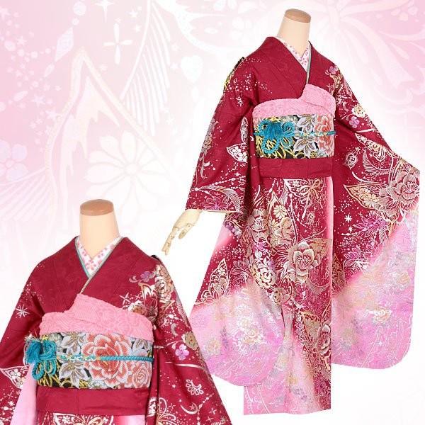 振袖レンタル 赤・ピンク 金銀花と蝶（絹） 成人式 結婚式 一点物 対応 