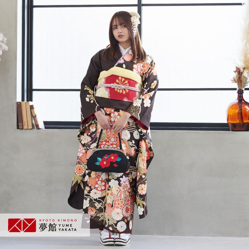 振袖レンタル 黒茶 貝桶に花薬玉(絹) 成人式 結婚式 一点物 対応身長154〜165cm 2〜11月利用 R1650