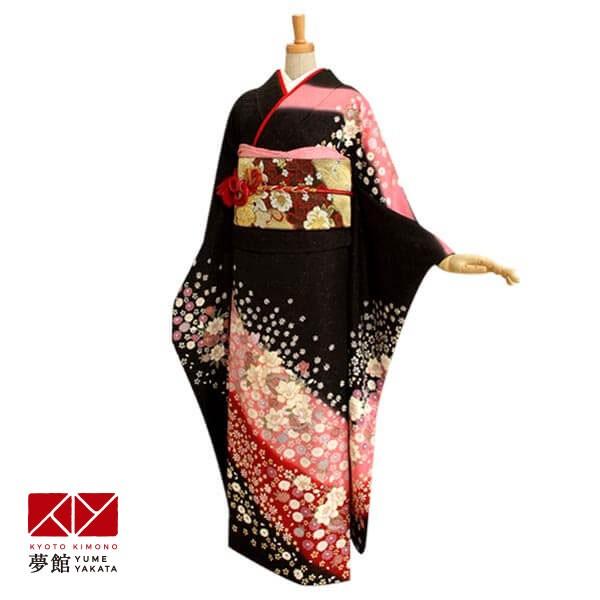 ブランド登録なし - 振袖賃借  黒ラメ 紫鞠と小花(絹) 成年者式 華燭の典 一点物 相応う身たけ154〜165糎 2〜11月利用 R167