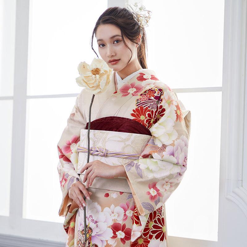 振袖レンタル 薄茶 花と御所車に雪輪文（絹） 成人式 結婚式 一点物